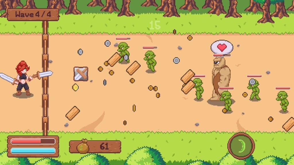 Goblins approaching a pixel woman in a tower defense game