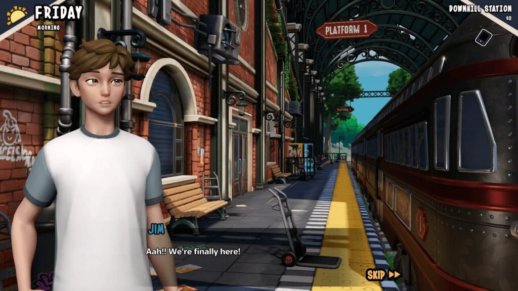 3D game Peach Hill Division showing a young man arriving to town