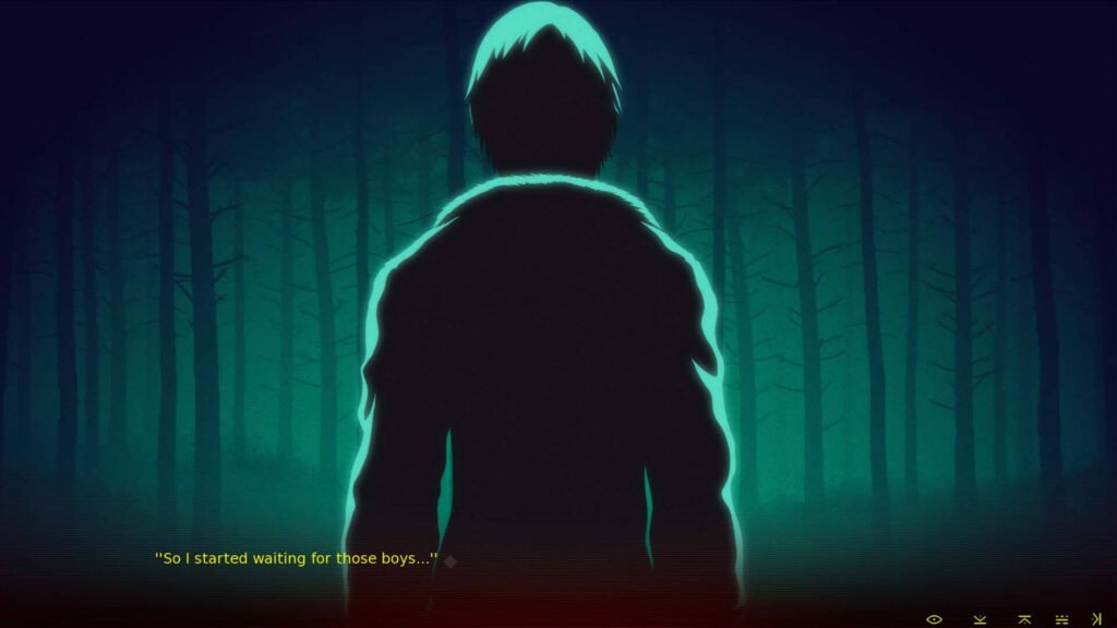 Wet Nightmares game art showing a silhouette of a man standing in middle of a creepy dark forest