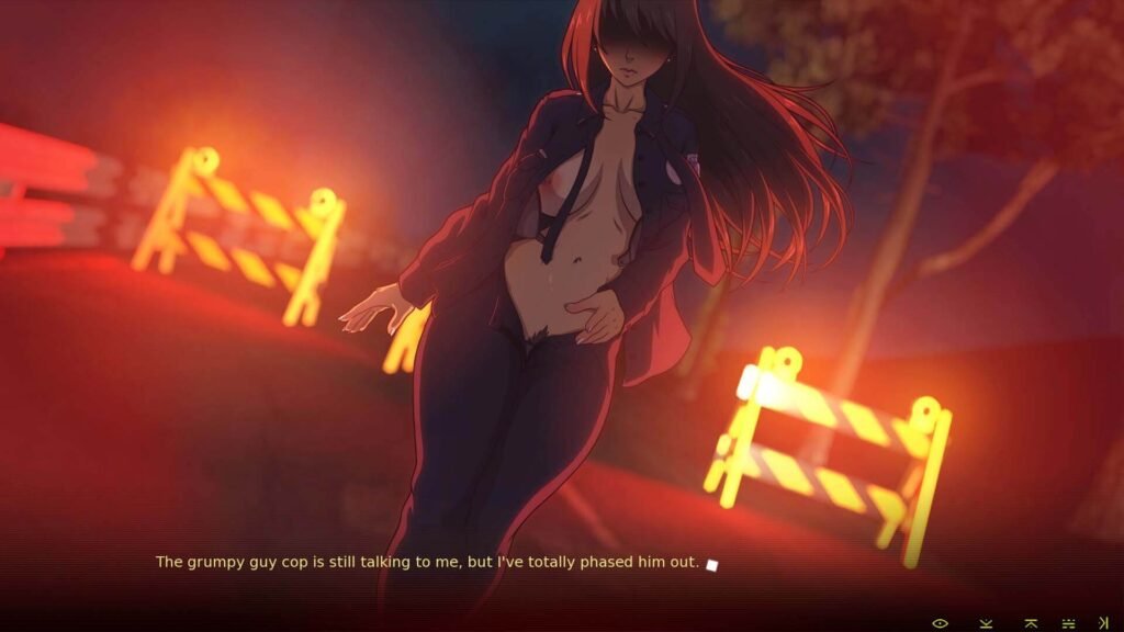 Wet Nightmares game art showing a sexy female cop having her clothes open as she approaches