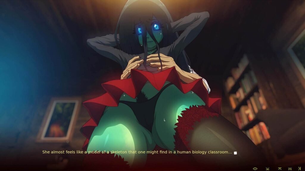 Wet Nightmares game art displaying a green-skinned ghost girl showing her private parts from below her skirt