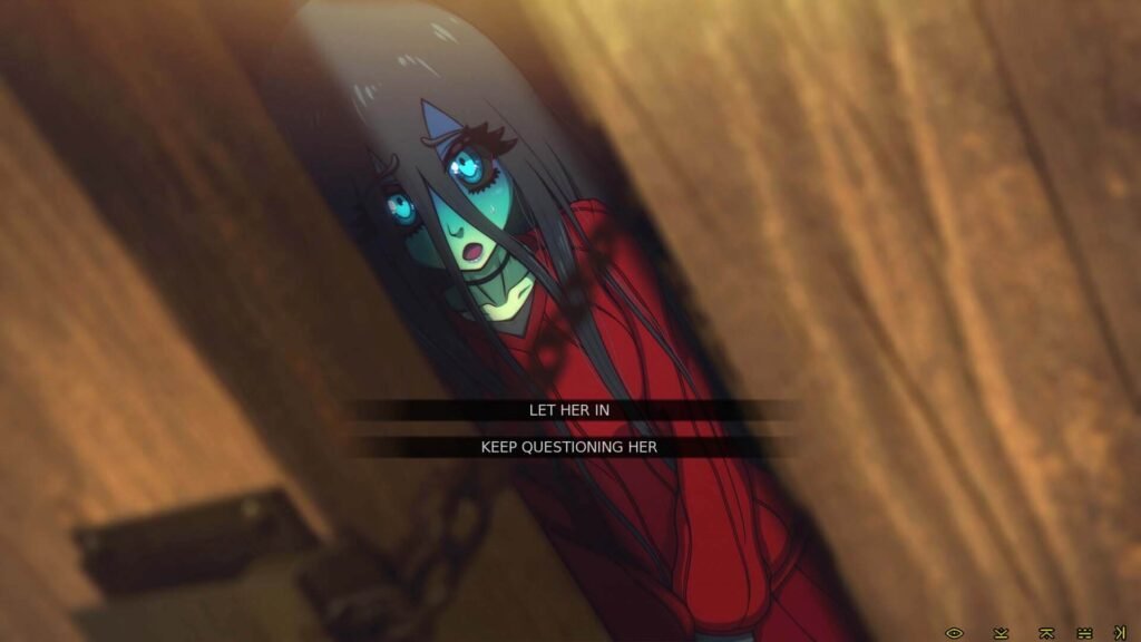 Wet Nightmares game art showing a green-skinned monster girl standing outside a cabin door