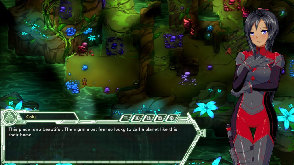 Gameplay screenshot showing a green alien planet from VoidBound NSFW game