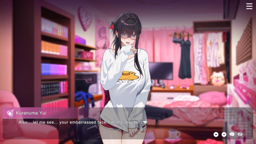Shy anime girl with glasses trying to hide her private parts in a pink girly room