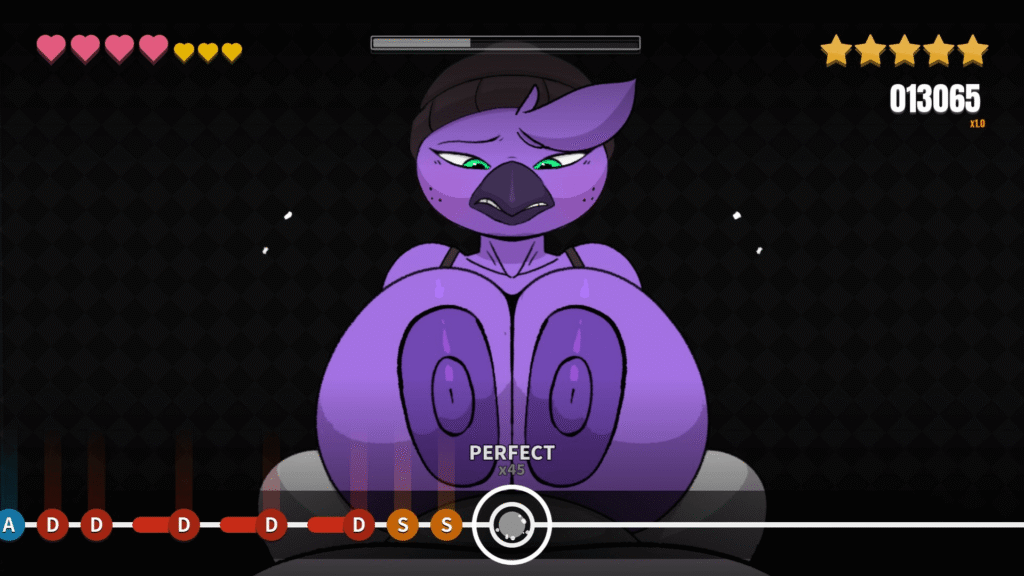 2D purple bird girl with large breasts giving a boobjob