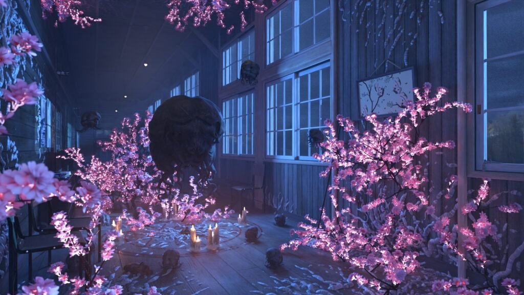 3D digital artwork featuring a scene of a Japanese school corridor at night filled with tentacle monsters and eerie but beautiful pinkflowers