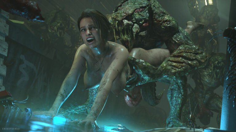 Resident Evil 3D porn of nude Jill Valentine getting fucked by a Hunter in the filthy sewers while surrounded by enemies