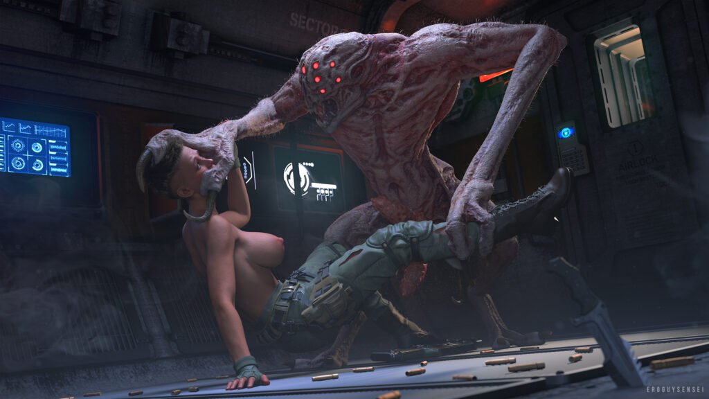 3D monster porn of a horny sci-fi alien monster grabbing a military woman with her breasts exposed