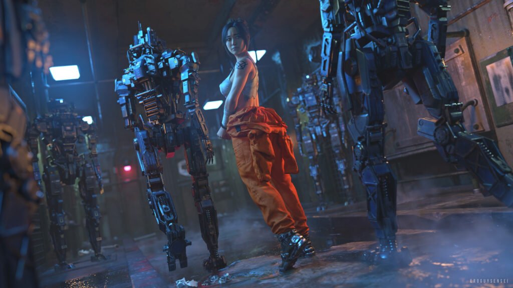 The Callisto Protocol 3D porn of Dani Nakamura in a prison outfit escorted by security bots