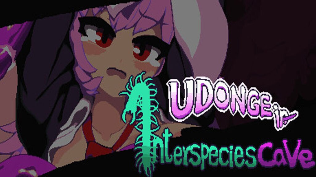 Video game cover art of "Udonge in Interspecies Cave" featuring a helpless sexy bunny girl with purple hair
