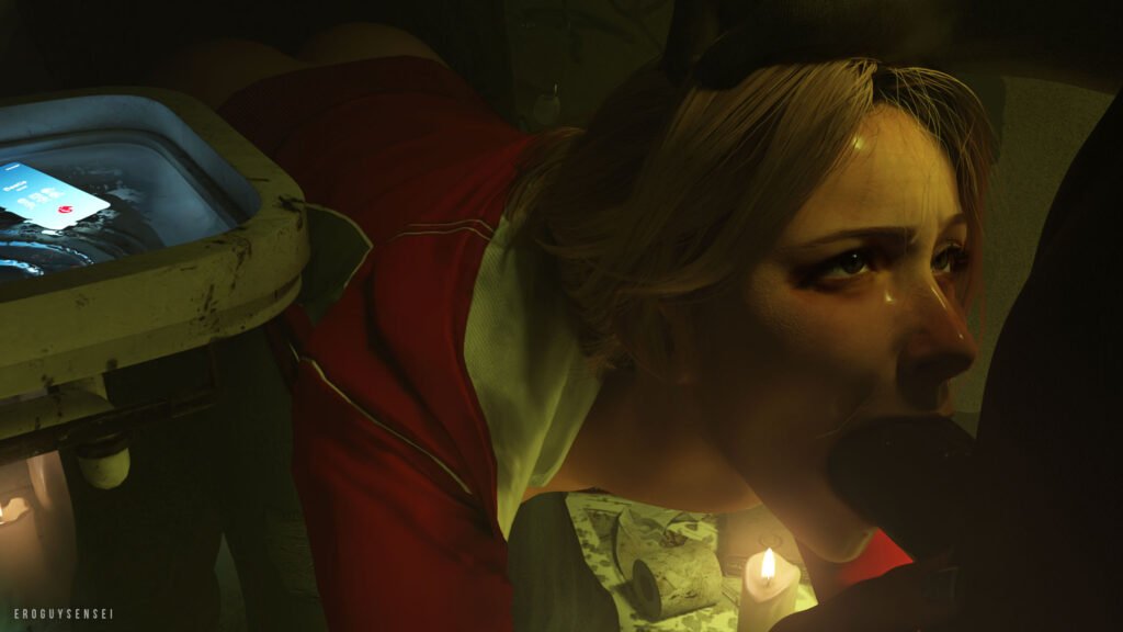 Until Dawn 3D porn of Sam Giddings getting spitroasted by two black men with big cocks in a dirty public restroom