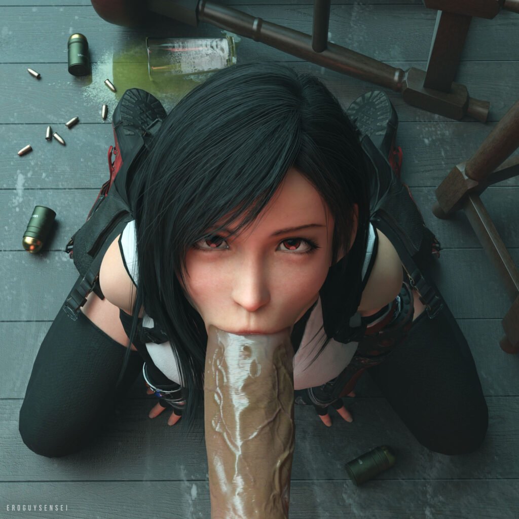 Final Fantasy 3D porn of Tifa Lockhart on her knees sucking on Barrett's big black cock