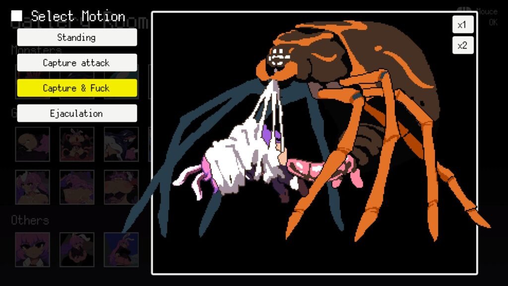 2D pixel giant spider having sex with a cute bunny girl wrapped in its web