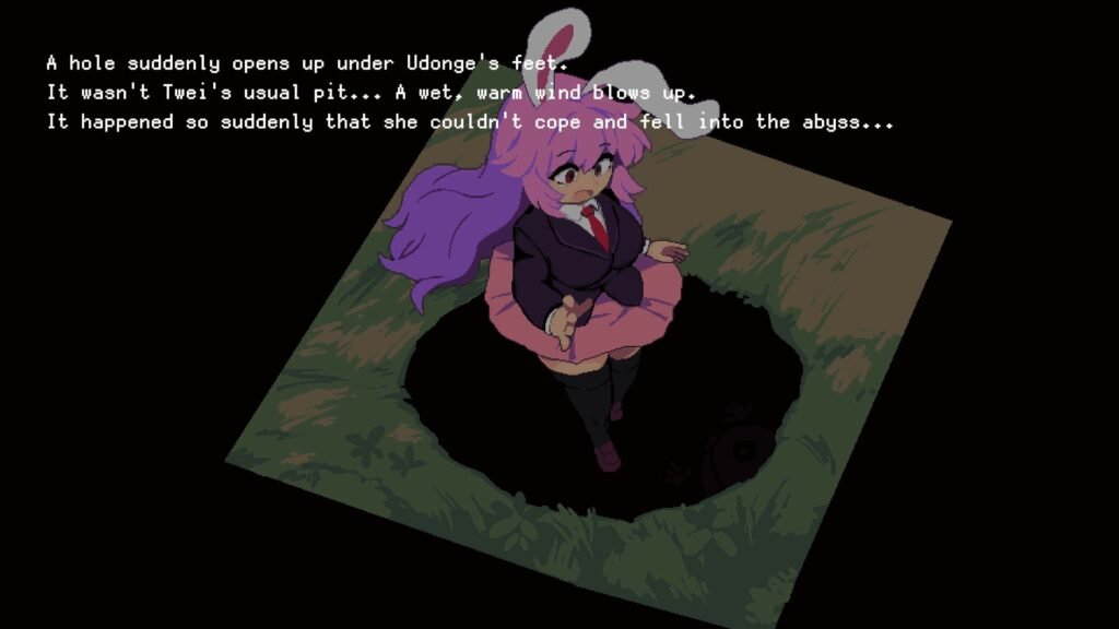artwork from Udonge in Interspecies Cave featuring a dark pit suddenly forming under a bunny girl's feet