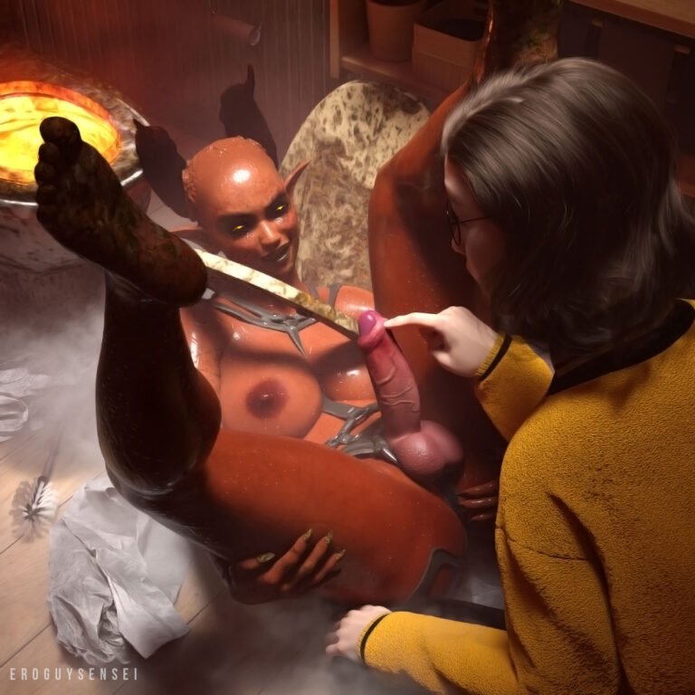 3D porn of a sexy Akaname demon woman with a futanari cock getting her futa cock rubbed by another woman in a filthy toilet