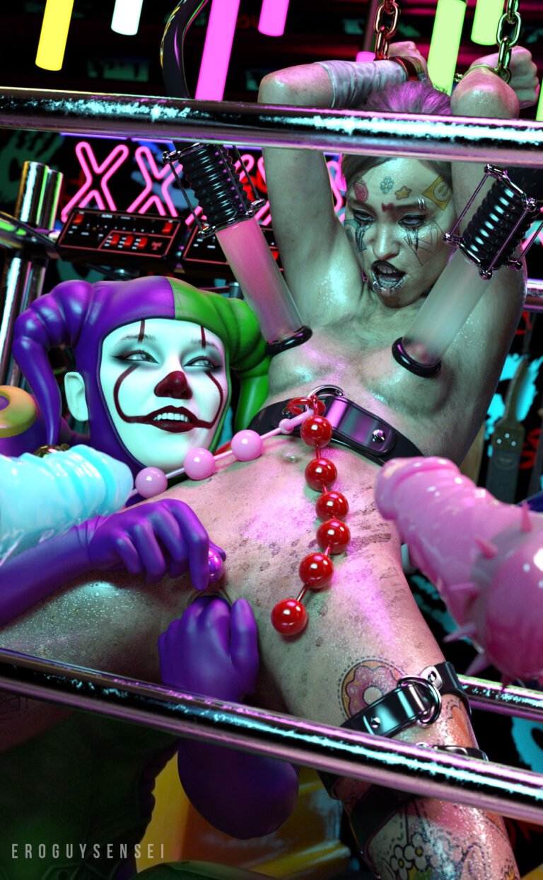 The Last of Us 3D porn of nude Ellie Williams with nipple suction cups tied and sexually teased by clowns in a BDSM show