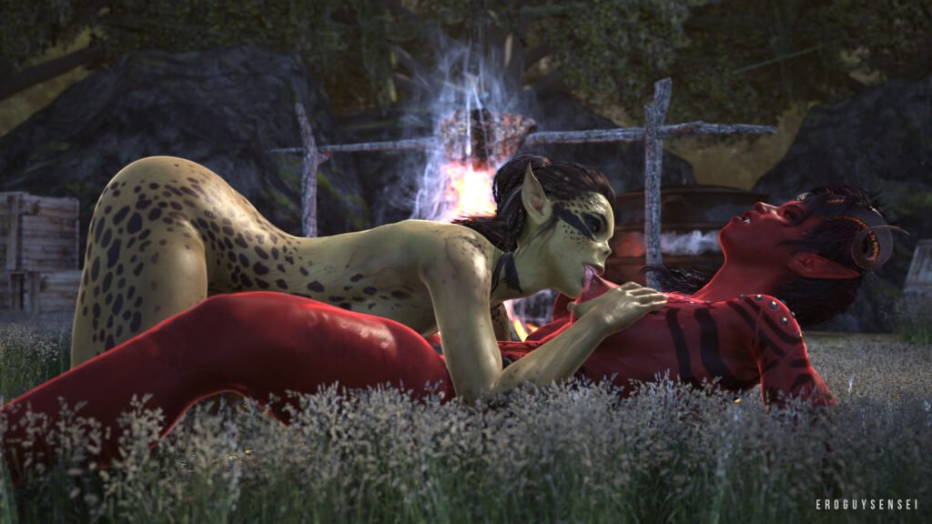 Baldur's Gate 3D porn of Lae'Zel licking Karlach's nipples while having lesbian sex with her near a campfire