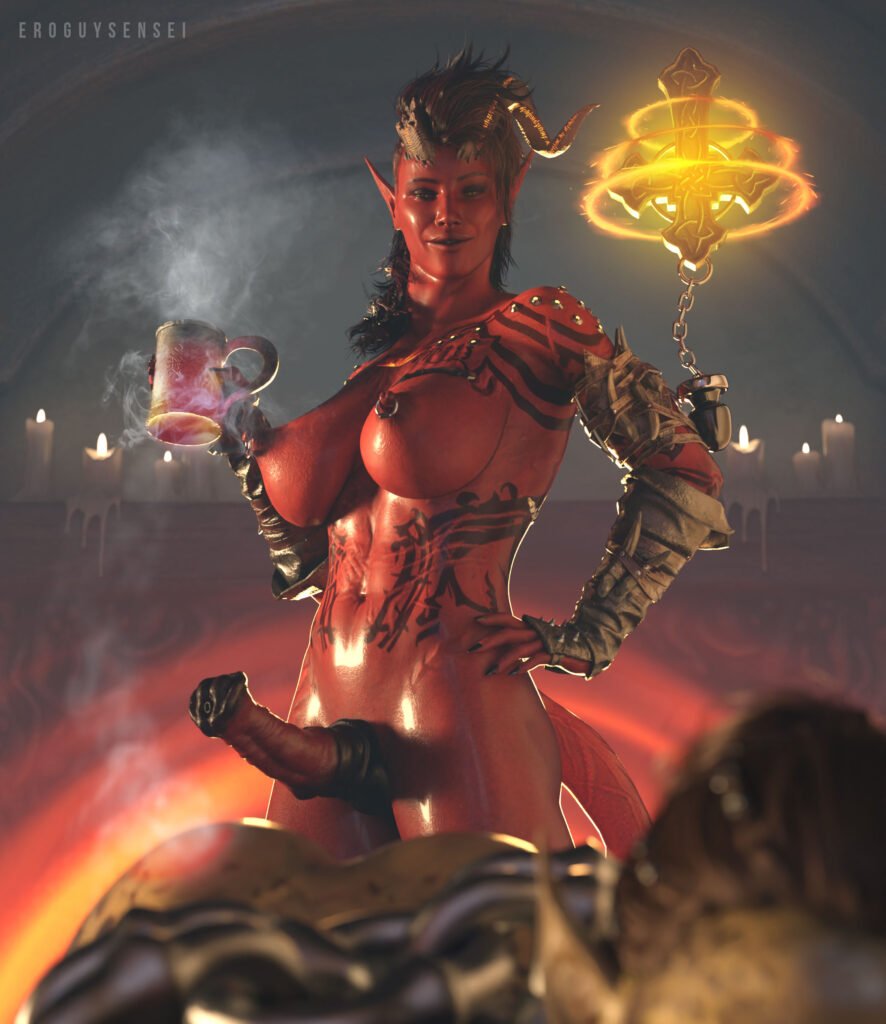 Baldur's Gate 3D porn of futanari Karlach marking Lae'Zel with a hot iron mug while she lies on the floor