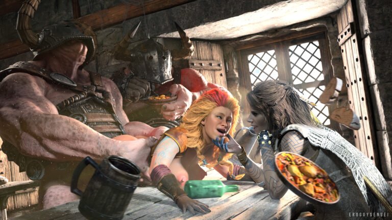 God of War 3D porn of Thrud fucked by Freya's henchmen in a tavern