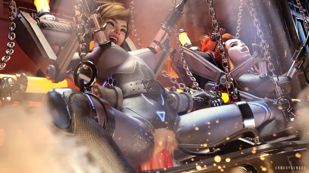 Overwatch 3D porn of Tracer and Brigitte tied inside a breeding factory and fucked by machines