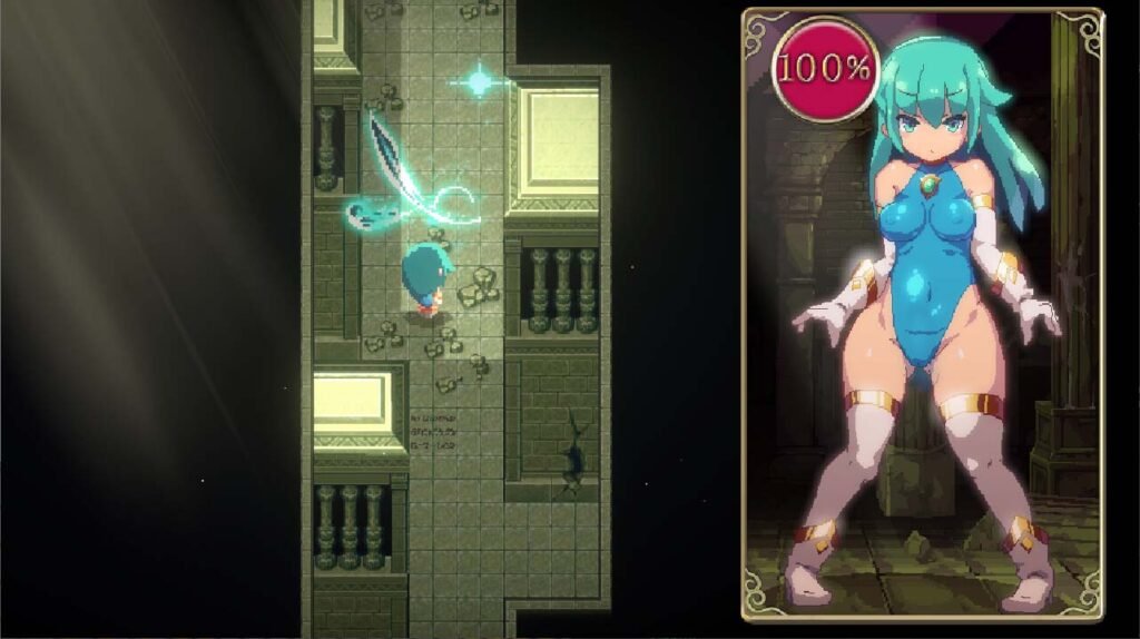 pixel-styled 2D futanari anime girl exploring a dungeon