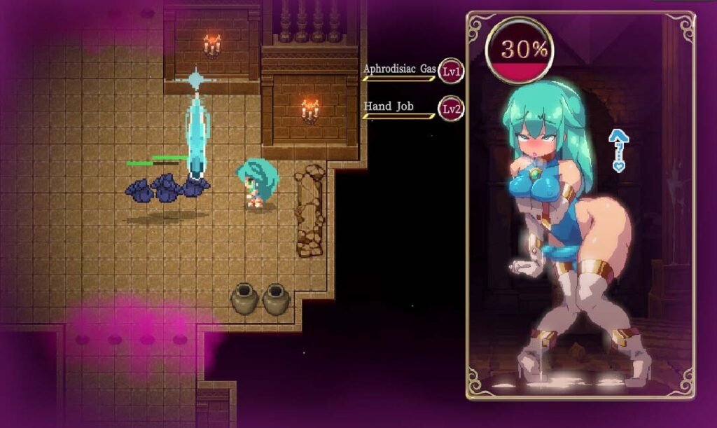 2D pixel-styled hentai game featuring a futanari anime girl with blue hair