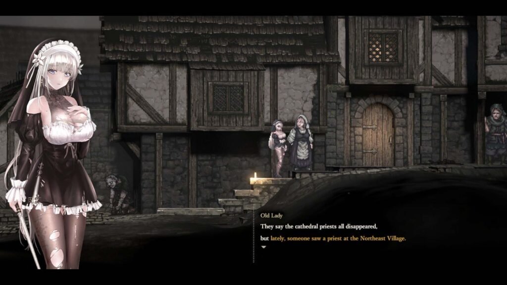 pixel-styled Nun talking to an NPC in village from SiNiSistar 2 hentai game