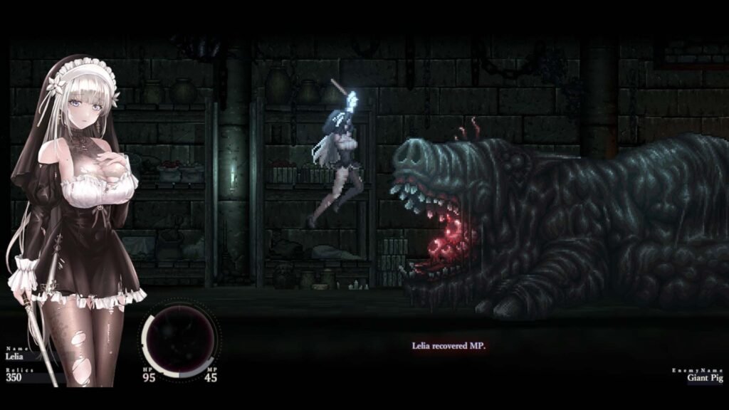 Pixel-styled hentai game showing a sexy nun attacking a giant monster pig
