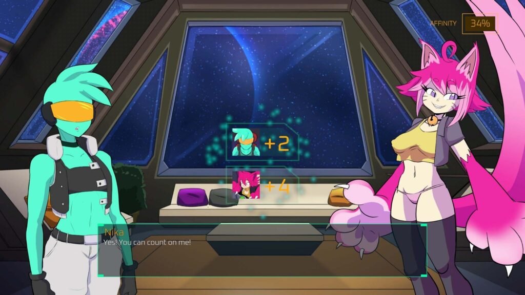 Two characters talking in a visual novel style from Starbreed shoot'em up game