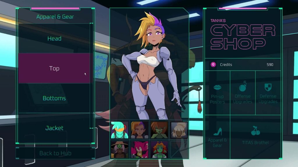 Starbreed character selection screen showing a sexy black cyborg woman with spiky colorful hair
