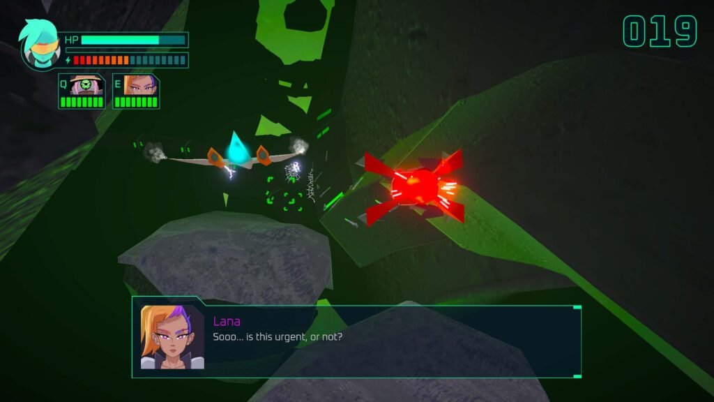 Shoot'em up gameplay section of two space fighter jets engaging in combat inside an asteroid field