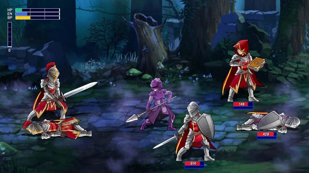 2D beat'em up gameplay showing knights in a dark forest