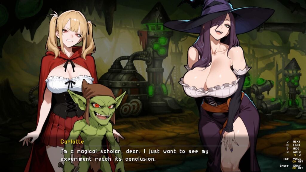 2D anime hentai game featuring two sexy women talking with a green goblin