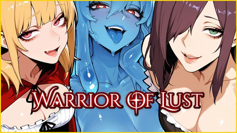 Warrior of Lust game cover art featuring three sexy anime girls